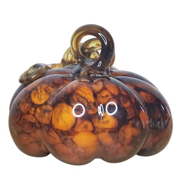 Hand Blown Glass Pumpkin Squash Brown Amber Art Glass Swirl Stem 5" x 4.5" - Picture 4 of 14